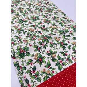 Vintage Christmas Tea Towel Handmade Holly Ivy & Berries White Green Red Cottage
